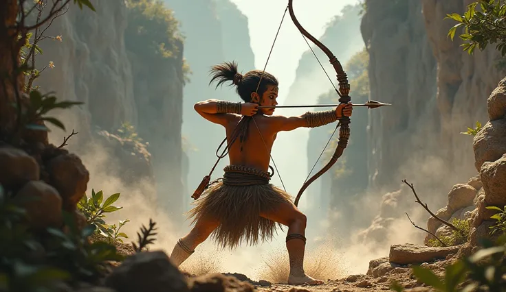 A tribal teen boy aiming arrows during a battle with bows