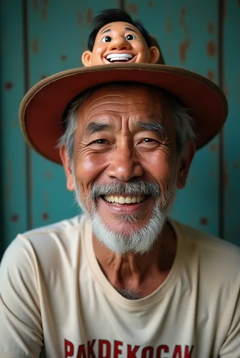 photo of Indonesian country-faced guy  . wearing funny faced hat wearing t-shirt with label pakde kocak