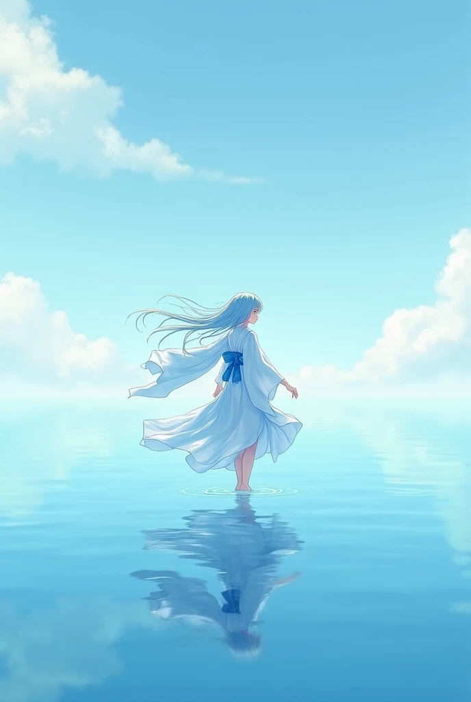 Anime woman with light blue pastel hair wearing sky blue pastel white kimono who is dancing in the middle of the sea