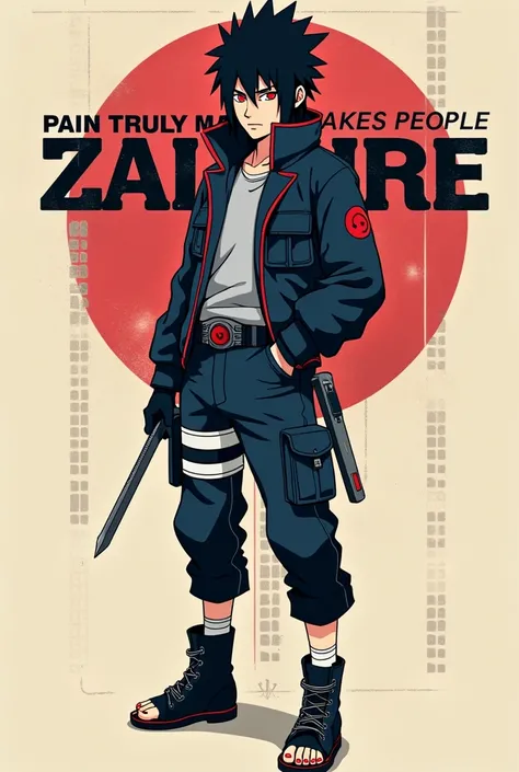 An illustration of Sasuke Uchiha from the anime "Naruto," styled in modern, eccentric streetwear/techwear. He is wearing a layered outfit with a dark tactical jacket, high-tech accessories like a utility belt, sleek cargo pants, and boots, with accents of ...