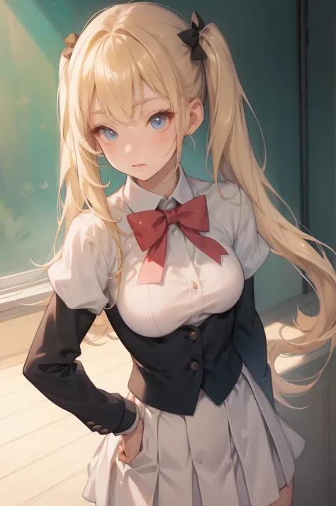  blonde twin tail 、 high school girl、uniform、 slim、Beautiful breasts