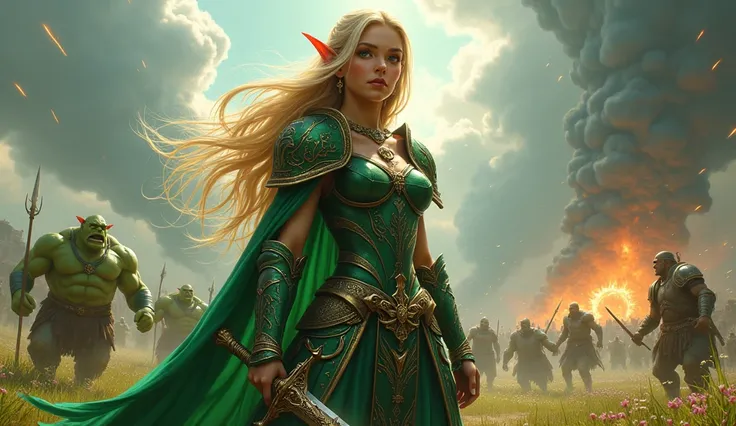 Create an epic scene of an elf warrior in a vibrant war setting, not anime style. The elf must have long blond hair that floats in the wind, with piercing green eyes that reflect determination and bravery. She is dressed in elegant armor, adorned with anci...