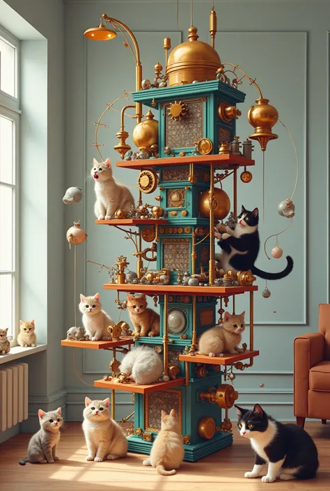 Cat tower loop made from Rube Goldberg machines are strung throughout the room, bold design, ultra-delicate, delighted cute cats, illustration art work, masterpiece, best quality, very aesthetic, absurdres, very aesthetic