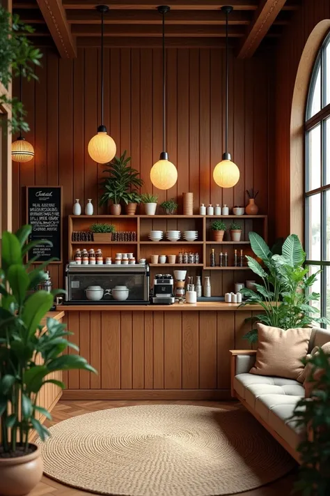  Wooden wall coffee shop .  Indoor spt old java house dutch blend. living room atmosphere . There are some indoor plants . 