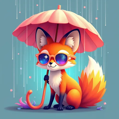 (Polyhedral style minimalist fox logo), a fox with fantastic rainbow fur and a fox with fantastic rainbow fur on its tail, a cute fox taking shelter from the rain with a big flower instead of an umbrella, prism details, pantone color glamour, the sunglasse...