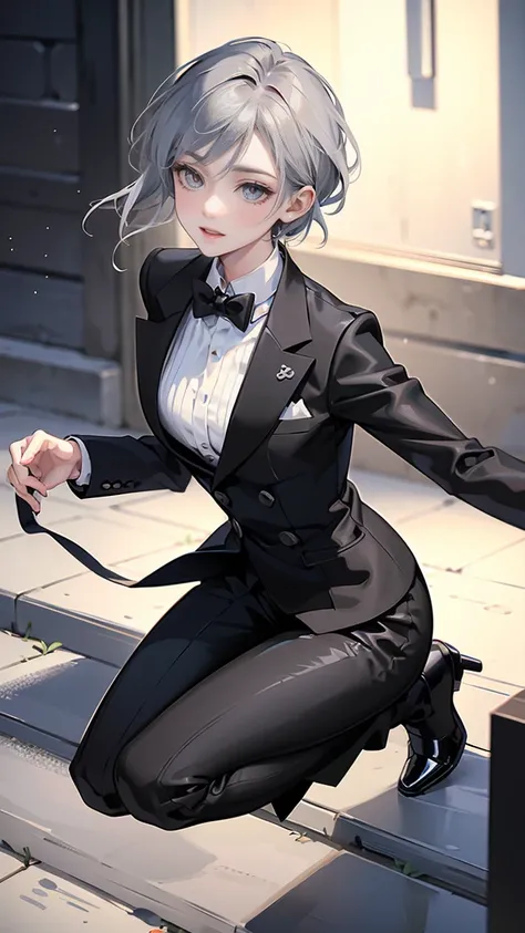  best quality、masterpiece、8k、Realistic、超 high definition 、 very delicate and beautiful 、 high definition 、 Perfect Female Body 、cool、Mature woman、Gray Hair、  short hair 、Butler、Tuxedo、Full body emphasis、 simple background、 smiles gently