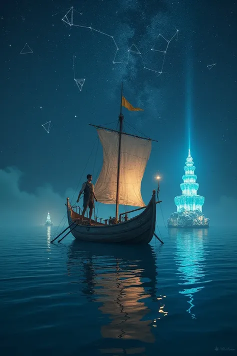  A small old wooden ship floats in an infinite ocean under a night sky ,  full of constellations that seem to draw maps in the air .  The waters are crystal clear and reflect the stars ,  but they seem to hide deep mysteries . at a distance,  a floating li...