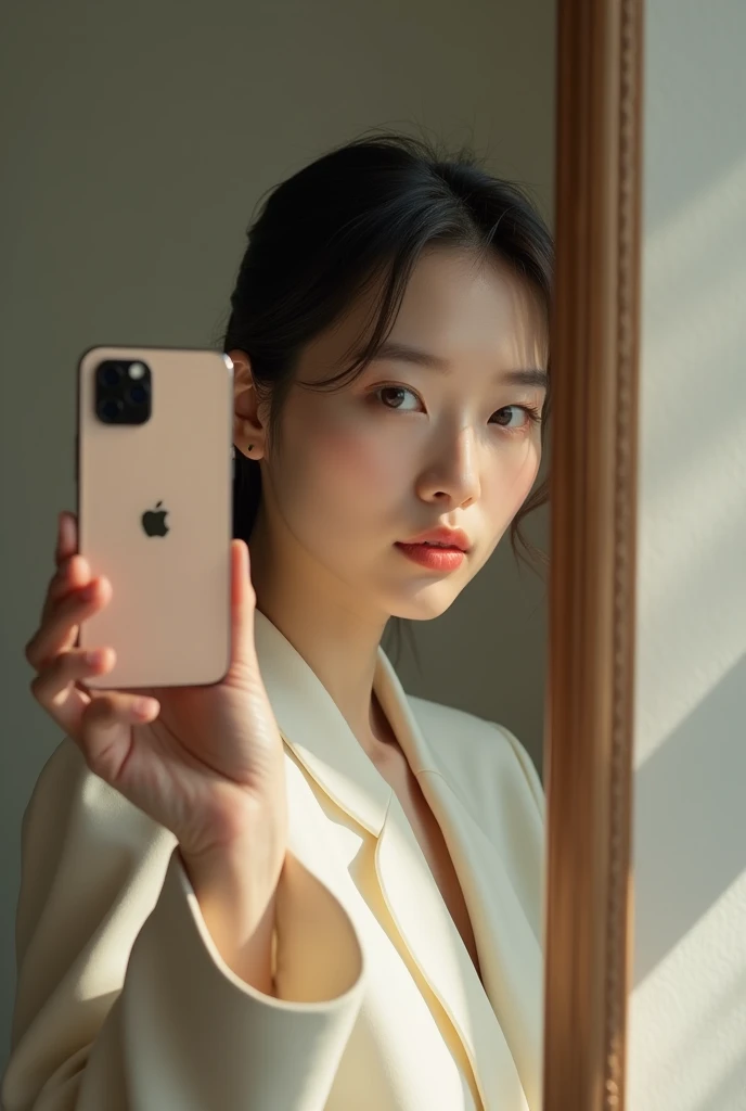 Chinese female taking mirror selfie using iPhone 15. Make sure the model only covers 30% of the image 