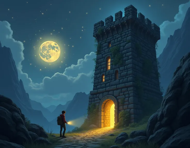 bottom:  A tall, dark mountain under a night sky with clouds that barely reveal a full moon . The tower, imposing,  stands on the top ,  with its dark stone walls and hanging vines that give it an ancient and mysterious appearance.  Some windows show a fai...