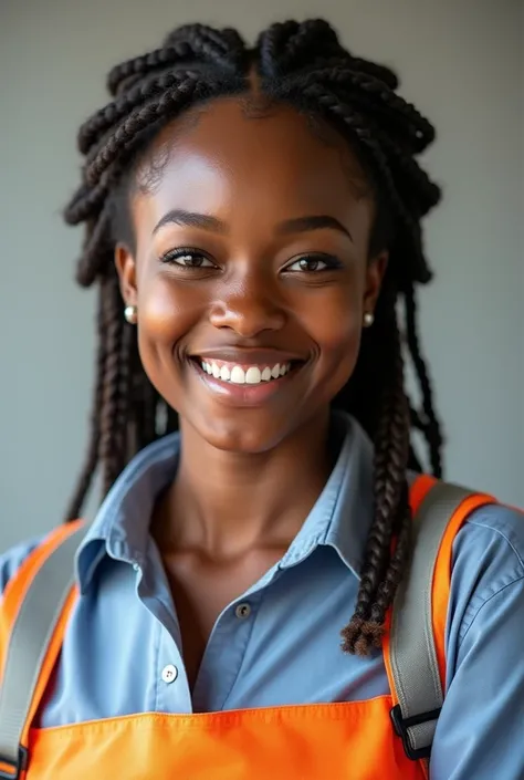 Create a realistic portrait image of a smiling African female engineer