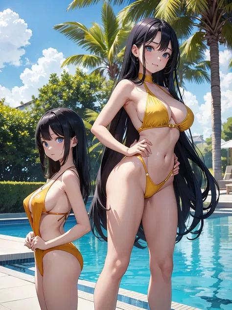 woman、Swimsuit with strings that only hide crotch 、 golden swimsuit fabric 、 standing with hands on hips by the pool、Im laughing like Im showing off my style、 long black hair、褐色の肌、 blue eyes、 Big Breasts 、Small waist。Big Breasts