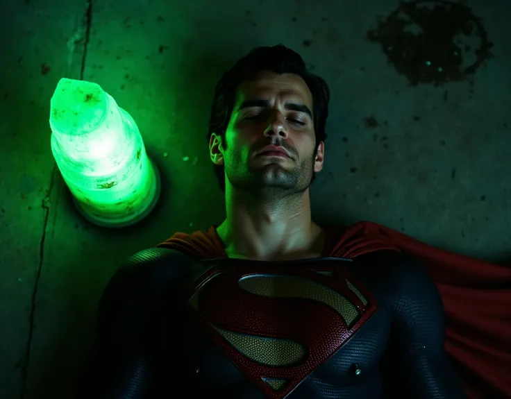 h3nr4, An attractive Superman, stubble beard, lying on the ground. he has a sexy and pained expression, his eyes are closed, suggesting that he is unconscious or incapacitated. Hes trying to get up, Near him is a glowing green crystal, probably kryptonite,...