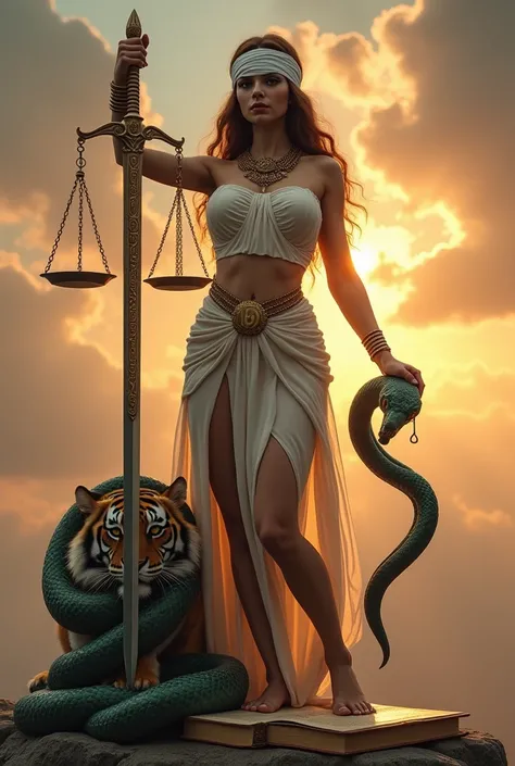 real photo, In high quality of the Goddess of Justice , Beautiful and elegant, includes a white bandage covering both eyes, a long sword, A scale of justice, and that you have (big tits 1.8),  and showing your thick legs, And that you crush the head of a d...