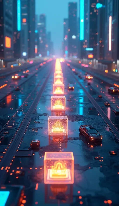 A powerful representation of blockchain bridging the digital and physical worlds. A glowing, transparent chain of blocks connects real-world objects like buildings, cars, and digital devices, with each block floating above these objects like a digital laye...