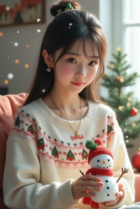 photorealism: 1.2), beautiful girl, little Korean , sitting in the living room, snowy atmosphere, holding a snowman doll, beautiful almond eyes, wearing a white Christmas sweater with Christmas designs, only half of her body, wearing a Christmas decoration...