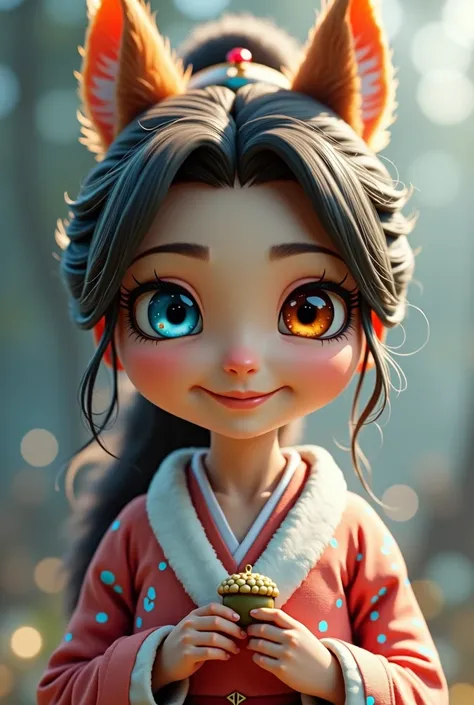 Masterpiece, best quality, {best quality}, {{masterpiece}}, {highres}, focus, 4D style, mara, portrait, Giesha, heterochrome eyes, happy, polished and powerful look, exotic, animal, squirrel, acorn, blurred background, cartoon, ice age,