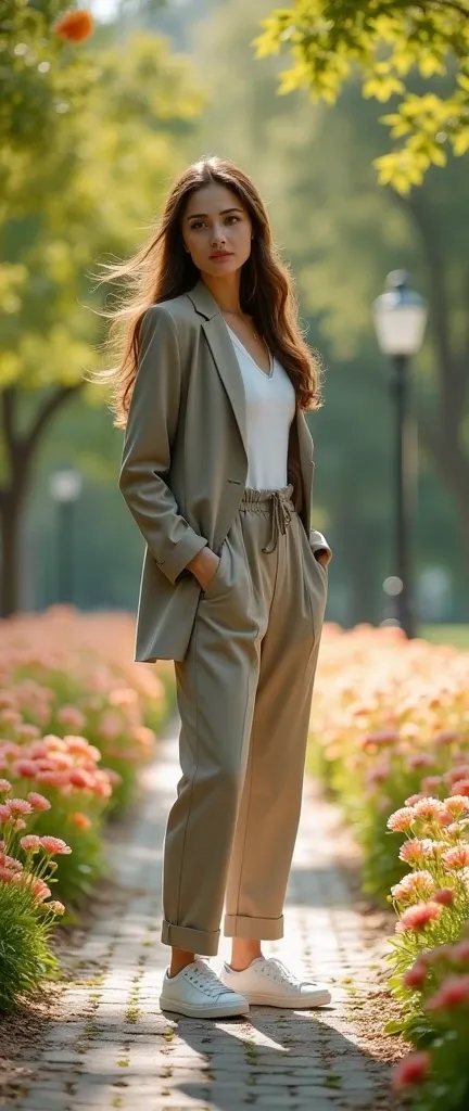 A beautiful woman with long flowing hair，Dressed in a casual suit ， foot wearing sneakers ， standing gracefully on the park path，Her long hair is flowing with the wind， radiates a charming charm 。 casual wear suit design is simple and elegant ，, showing he...