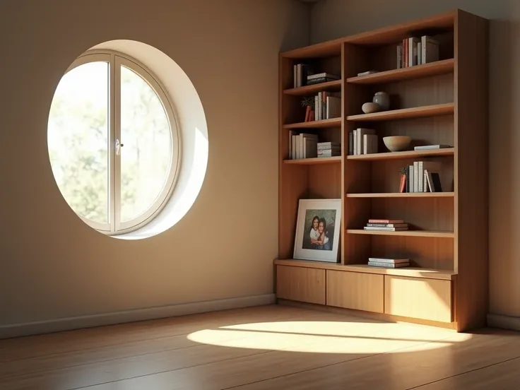 a empty room with a circle window in the left side, with rays of sunlight from the window and a tall bookshelf in the corner, and a picture of two sister in the shelf. side view. no humans, no persons, no plants and trees. Empty inside. 16:9