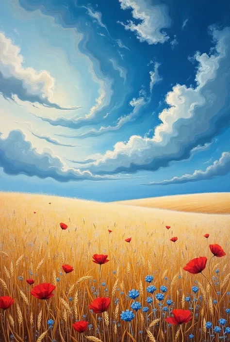 Visualize an abstract oil painting that depicts a serene wheat field blanketed in a light winter frost. Poppies and cornflowers add vibrant splashes of red and blue amidst the golden wheat. The sky above is a breathtaking fusion of Van Goghs swirling, emot...