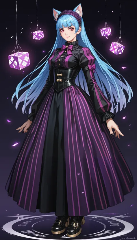 1girl、k0l4, 1girl, kula diamond、Shiny Hair、Tight waist、Small waist、Glowing Skin、Light smile、Beauty、gothic Lolita-style dress with a distinct purple and black color scheme, dress features a short-sleeved bodice with alternating stripes of purple and black, ...