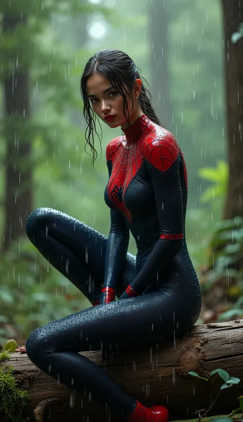  Create an image showing the full body of a hot young fit "female spiderman girl" character from the movie "Avengers", with water droplets on their entire body, likely from rain or a spray of water. she is sitting on a log in the Forrest. she stares at the...