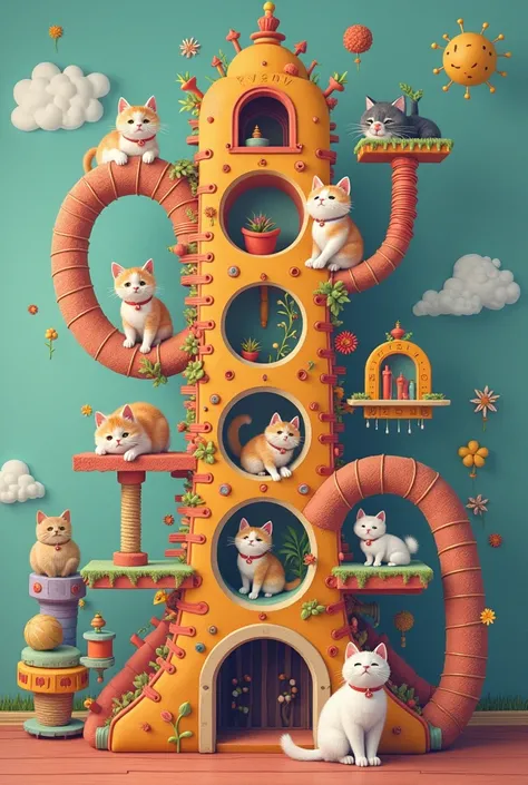 Cat tower loops made from Rube Goldberg machines are strung throughout the room, bold design, ultra-delicate, delighted cute cats, illustration art work, masterpiece, best quality, very aesthetic, absurdres, very aesthetic