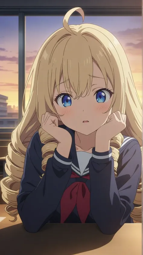 a woman, upper body, blonde, Long Hair, Drill Hair, Ahoge, blue eyes, slant eyes, narrow eyes, serafuku, winter uniform, hand on own cheek, in the classroom background, at dusk, at sunset, anime, best quality, masterpiece, detailed description, best hand.