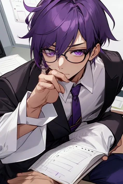 An editor ， Purple Eyes ，Wearing glasses，male， and looks nonchalant，male，Wear a white shirt，Sitting in the office