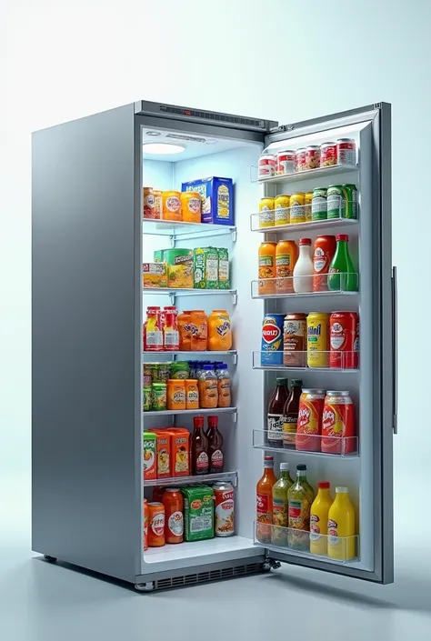 A picture of a refridgerator with many products and their brands as visible as possible.