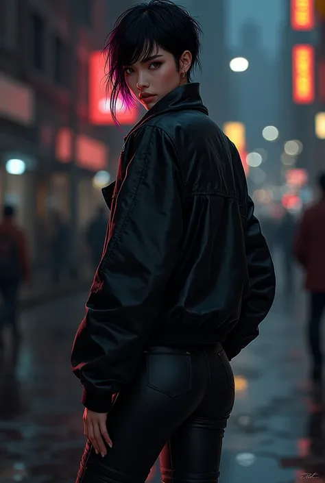 beautiful girl, ((standing:1.4)), (confident gaze:1.1), full body, short bright neon streaked black hair, ((realistic highly detailed eyes:1.4)), ((seductive pose:1.2)), black eyeshadow, (street style wear:1.2), ((tight fitted pants)), ((knee high leather ...