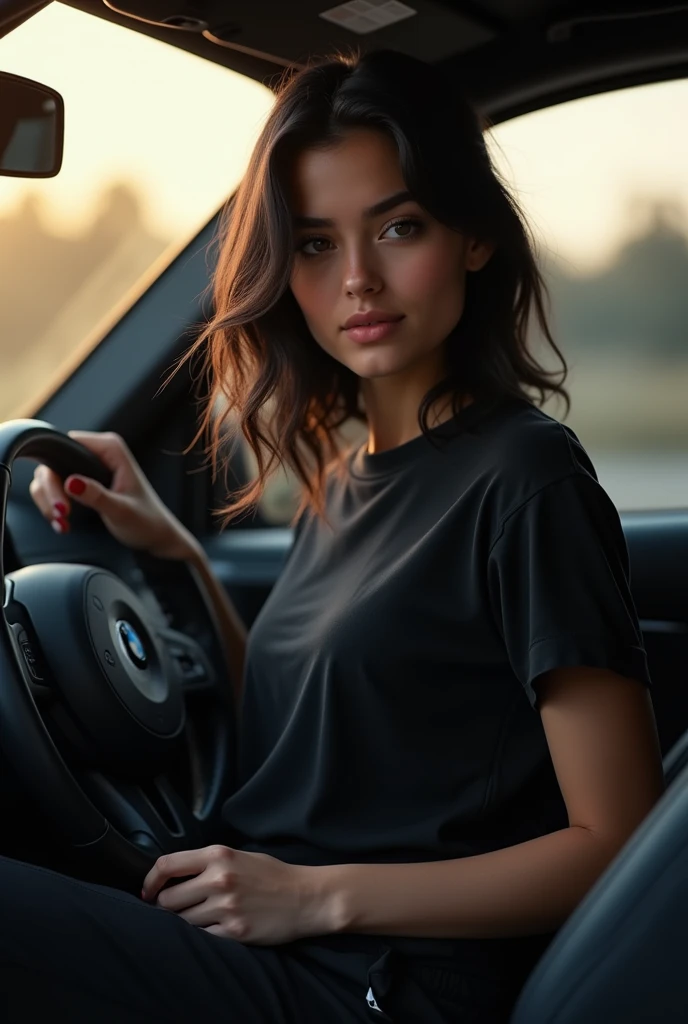  young girl, 24 years old,  Black hair ,  athletic build, goosebumps ,  in a black oversized T-shirt not tucked into pants and wide knitted sweatpants, black trousers with all details ( ultra realistic ),   in the morning realistic leather , beautiful eyes...