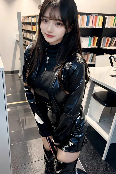 nsfw1.4,  Full body,gazing camera, she is standing in a library,(black thick black bikers jaket,knee high boots, medium gloss,black thick leather mini pencil skirt,curvy thighs:1.5),large breast,black medium straight hair, one girl, (a beauty girl, delicat...