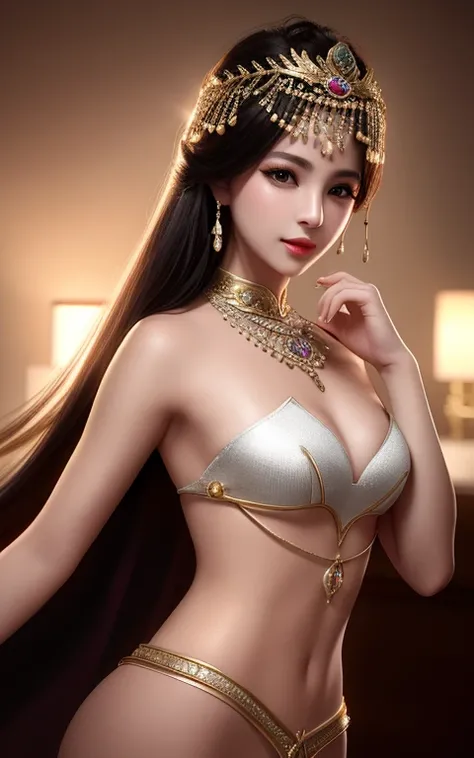  Top Quality, masterpiece,  high resolution, 1 woman, CHINA DRESS ,headdress,necklace, bijouterie, beautiful face,...to_body, The Tyndall Effect, photorealistic ,  and take off all of your clothes, All nude,  Big Breasts,  small clear nipples , thin waist,...