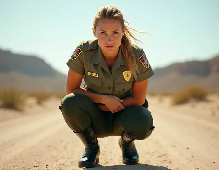 realistic photo front view of an athletic fit embarrassed white female border patrol crouching on the ground in the sun in a desert, her knees pressed together and she is holding her groin trying to hold her pee. wearing police rubber boots, and tight bord...