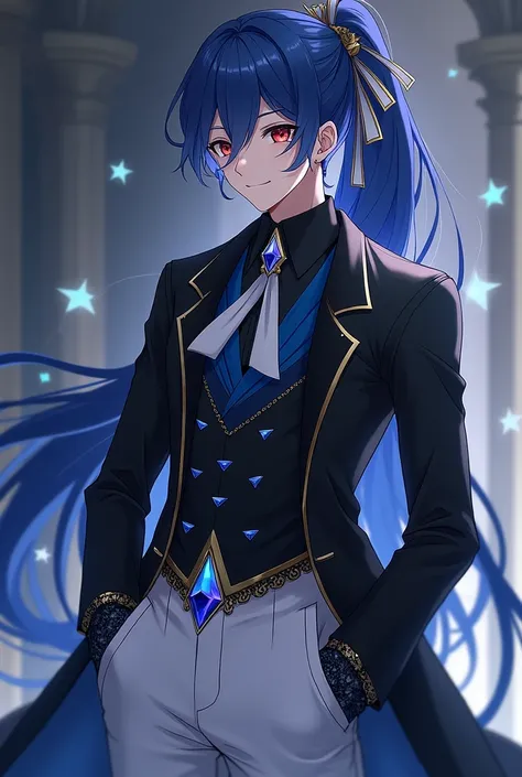 A quiet anime young man with red eyes represents long indigo hair attached to the top with a ribbon containing a white triangle and the other is indigo  , He has fair skin and wears all the beautiful and luxurious black, indigo and white fantasy clothes, s...