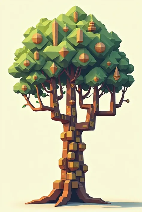  A tree with geometric branches that extend ,  where each leaf is a cultural or historical symbol .  The trunk is composed of blocks that represent indigenous cultural roots and modern influences. Inspired by Torres-García 