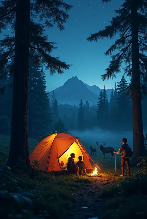 A realistic digital art of a team camping trip in the forest, wild animals are near the tent , night view, realistic, cinematic color mood, 8k resolution.