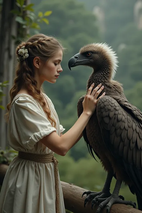 Vulture and Girl Bonding: A young woman gently stroking the vulture’s feathers, showing their deep bond.