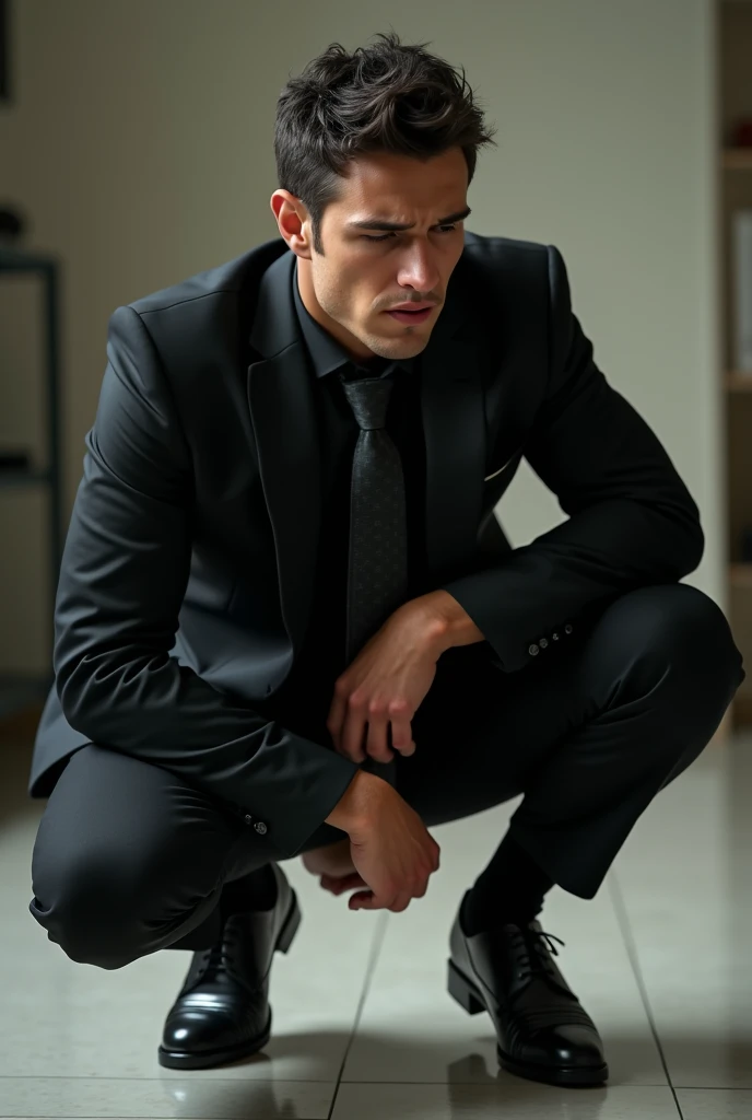 In the office，Handsome young businessman，Sexy and charming， Argentinian men，Mens crotch testicles hurt a lot，Man kneels on the ground，Hold the crotch testicles with both hands， holding crotch testicles with both hands 。Black suit，Black Tie，Black socks，Blac...