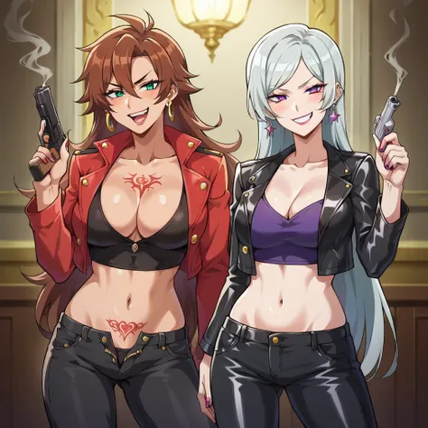 two girls, 2girl, evil smile, smug, smirk, anime coloring, unusually open eyes, ear piercing, long hair, blush, lipstick,Hot girl, baddie, smoking, sensual, attractive ,,bar background, inside bar,indoors, masterpiece, best quality, highly detailed, a girl...