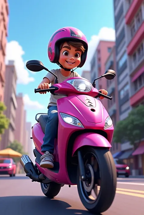 Animated boy rider with yamaha mio i 125 magenta motorcycle 