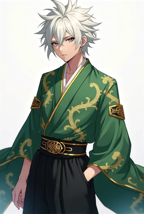 Anime guy in a green kimono with a gold pattern with black pants and a gold belt hair white under a kimono black clothes hair white disheveled 