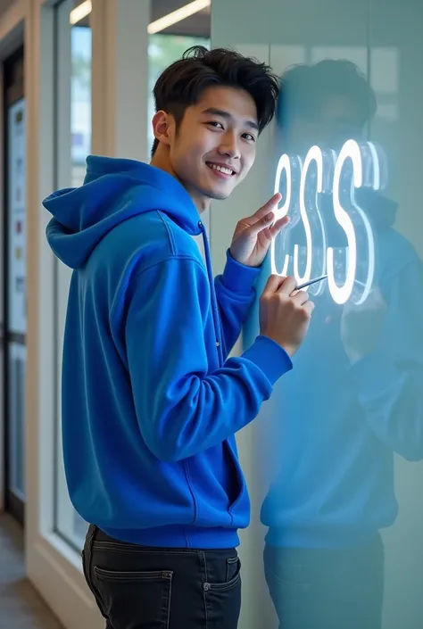  A handsome Korean man wearing a blue hoodie writing"ESS"  wearing long black jeans .standing in the way smiling at the camera  