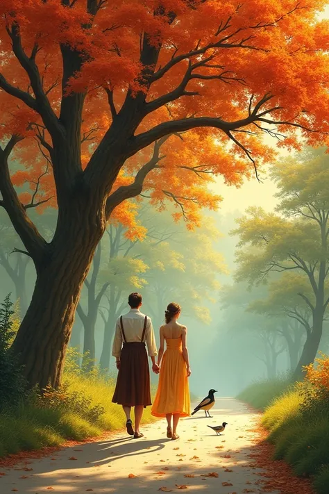 The painting depicts an autumn afternoon scene with a tamarind tree and a pair of passerines with 2 people, 1 female walking in front, 1 male walking behind.