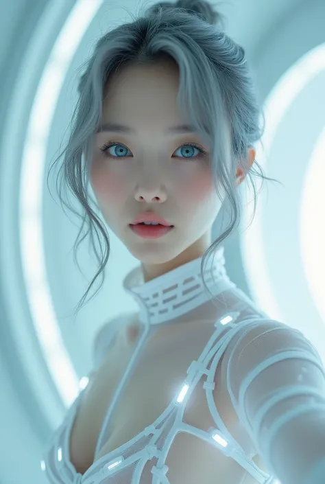 (nsfw:1.5), masterpiece, Best Quality, hyper Realistic, The avant-garde, A mysterious and sophisticated young Japanese woman with blue eyes wears futuristic and sexy fashion art. She is standing at a Selfie wide angle, with her full body in frame. Her outf...