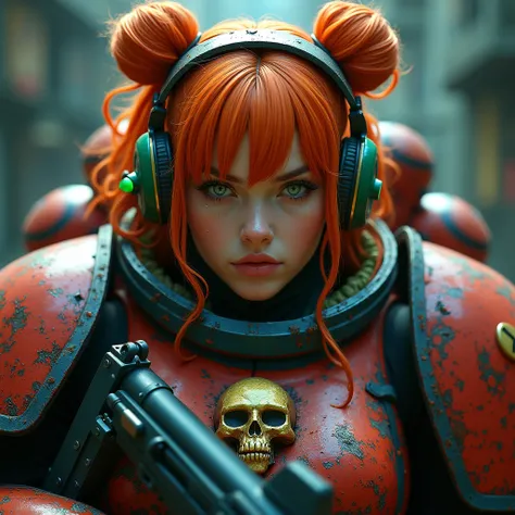 Portrait of a Space Marine with skull emblem engraved on her heavy armor a woman with orange-red hair with two buns tied to the sides of her head, very long and wavy hair, with bangs, absolute beauty, very detailed green eyes, thick and wet lips, worried a...