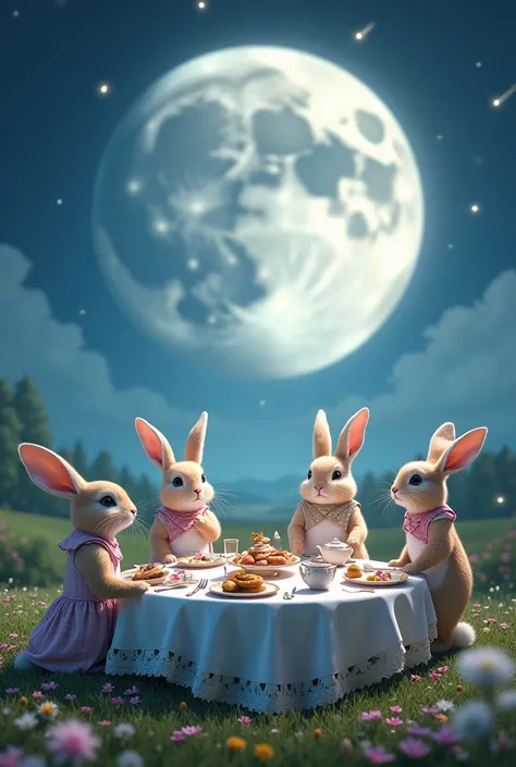 A whimsical scene where a rabbit family sits at a beautifully set tea table atop a giant glowing snow moon. The moon floats just above the farm, casting a gentle silver light over the fields, as shooting stars streak across the sky