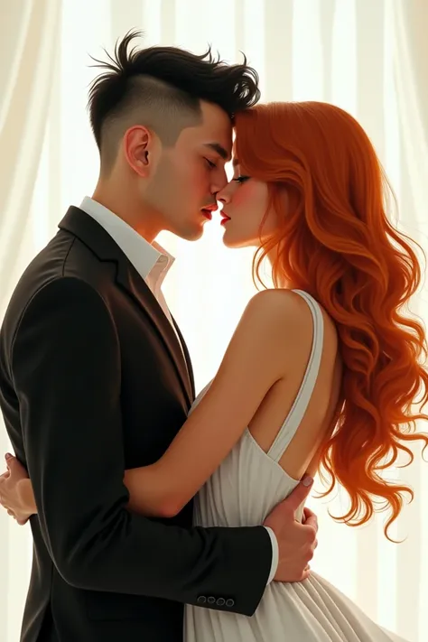 close up cartoon glossy skin digital portrait of a couple, man undercut black hair, ginger wavy long hair, black suit and white satin backless dress transparant, tall man and short woman, man holding her while hugging and facing each other, hugging each ot...