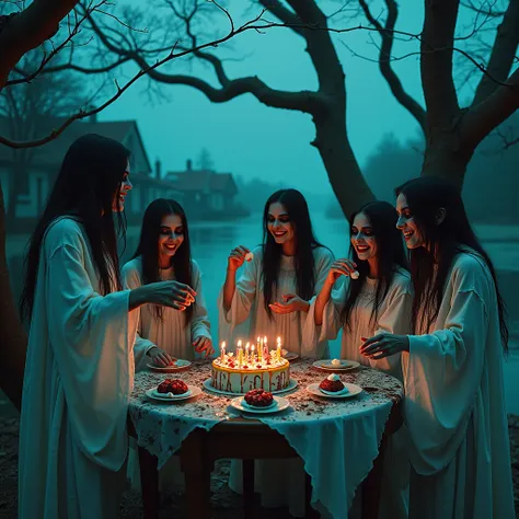 a bunch of ghostly zombified skin lady with dark eye shadow, long messy black hair (in few hairstyles), in tattered stained muddy white shroud thobe. all of the sitting in scattered in tree branches of spooky oak tree; eating birthday cakes in messy hands ...