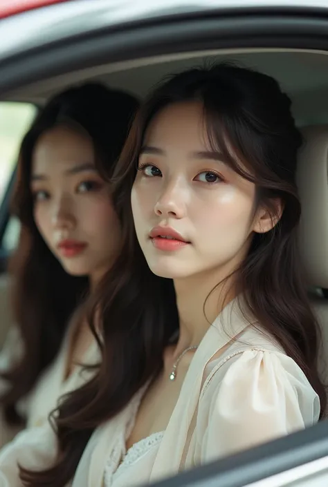 A beautiful Korean Girls look like Jisoo of Blackpink with a gentle and graceful face, Fair skin, With slim face, Doe eyes and double eyelids, Gloden ratio, sitting in a luxury car. With her friend. She is wearing an elegant clothes, exuding charm and conf...